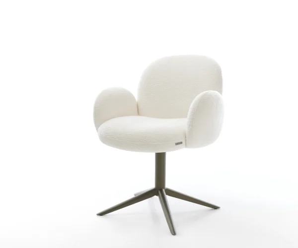 Chaise-pivotante Nube-Flex avec accoudoirs bouclé doux beige pied de chaise 4 branches aspect titane pivotement sur 360° fonction bascule resorts ensachés