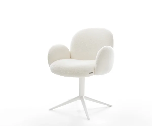Chaise-pivotante Nube-Flex avec accoudoirs bouclé doux beige pied de chaise 4 branches blanc pivotement sur 360° fonction bascule resorts ensachés