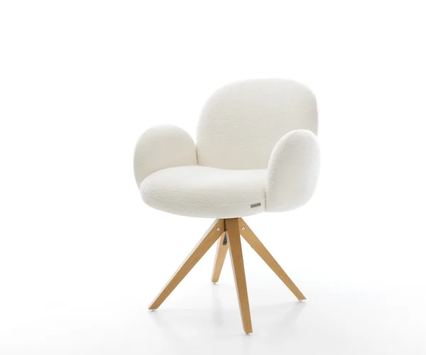 Chaise-pivotante Nube-Flex avec accoudoirs bouclé doux beige pied en bois angulaire naturel pivotement sur 180° resorts ensachés
