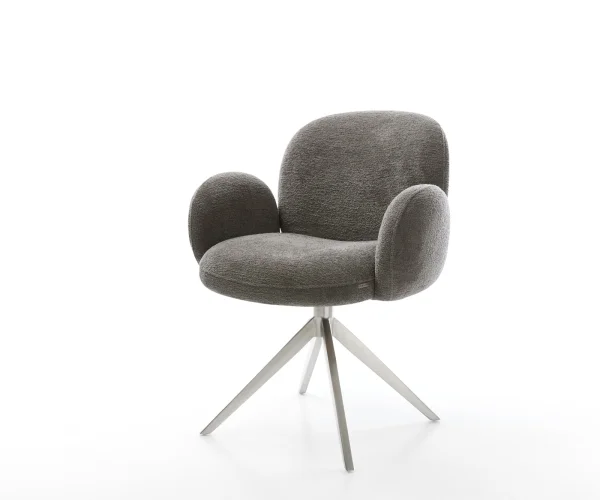 Chaise-pivotante Nube-Flex avec accoudoirs bouclé doux couleur boue pied croisé large acier inoxydable pivotement sur 360° fonction bascule resorts ensachés