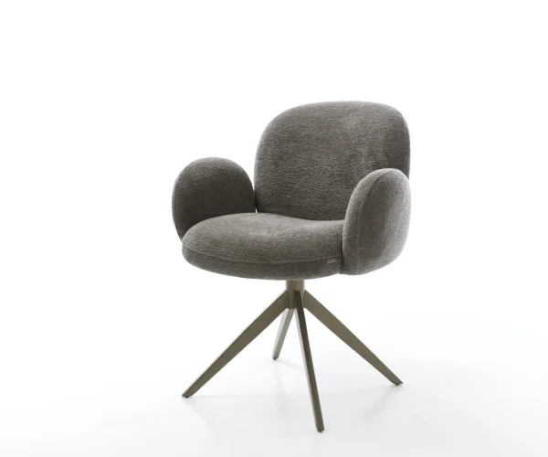 Chaise-pivotante Nube-Flex avec accoudoirs bouclé doux couleur boue pied croisé large aspect titane pivotement sur 360° fonction bascule resorts ensachés