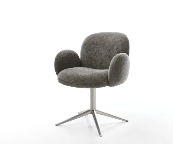 Chaise-pivotante Nube-Flex avec accoudoirs bouclé doux couleur boue pied de chaise 4 branches acier inoxydable pivotement sur 360° fonction bascule resorts ensachés