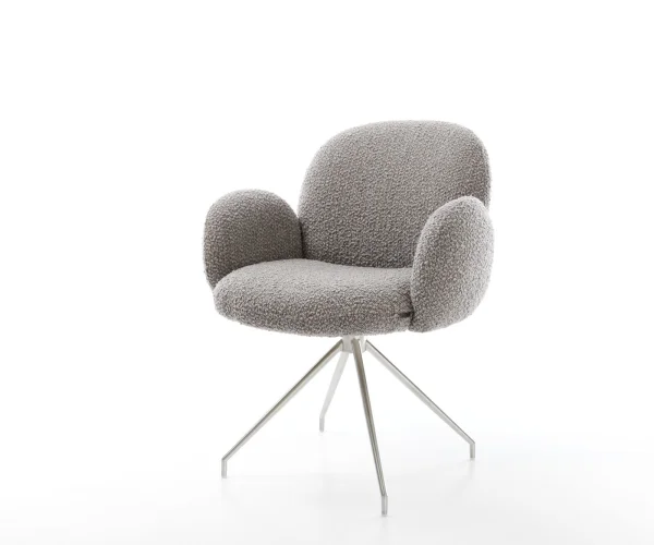 Chaise-pivotante Nube-Flex avec accoudoirs bouclé gris argenté pied croisé conique acier inoxydable brossé pivotement sur 180° ressorts ensachés