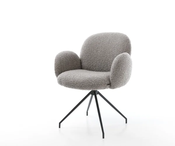 Chaise-pivotante Nube-Flex avec accoudoirs bouclé gris argenté pied croisé conique noir ressorts ensachés pivote sur 180°