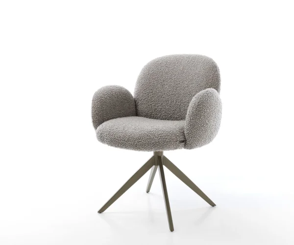 Chaise-pivotante Nube-Flex avec accoudoirs bouclé gris argenté pied croisé large aspect titane pivotement sur 360° fonction bascule ressorts ensachés