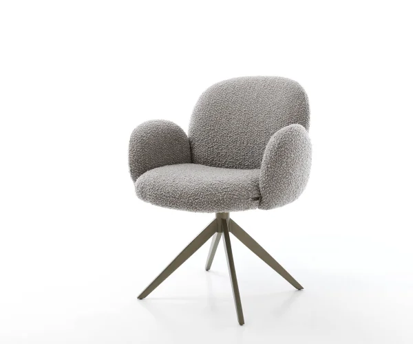 Chaise-pivotante Nube-Flex avec accoudoirs bouclé gris argenté pied croisé large aspect titane pivotement sur 360° ressorts ensachés
