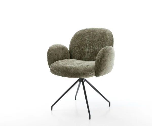 Chaise-pivotante Nube-Flex avec accoudoirs chenille olive pied croisé conique noir pivotement sur 180° ressorts ensachés