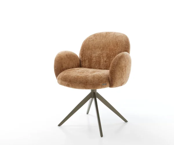 Chaise-pivotante Nube-Flex avec accoudoirs chenille rouille pied croisé large aspect titane pivotement sur 360° fonction bascule ressorts ensachés