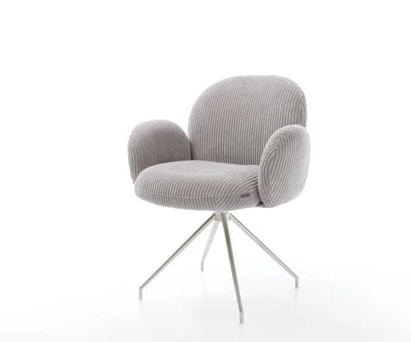 Chaise-pivotante Nube-Flex avec accoudoirs côtelé gris argenté pied croisé conique acier inoxydable ressorts ensachés pivote sur 180°