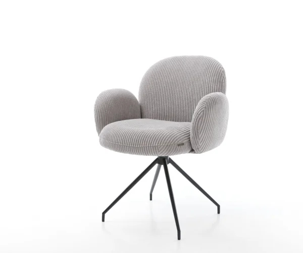 Chaise-pivotante Nube-Flex avec accoudoirs côtelé gris argenté pied croisé conique noir ressorts ensachés pivote sur 180°