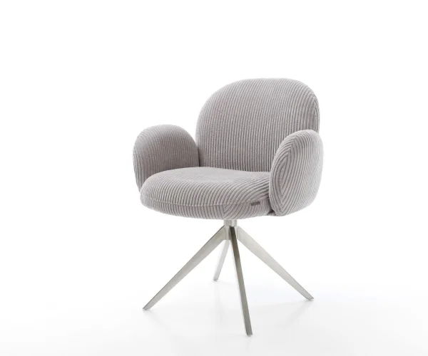Chaise-pivotante Nube-Flex avec accoudoirs côtelé gris argenté pied croisé large acier inoxydable brossé pivotement sur 360° fonction bascule ressorts ensachés