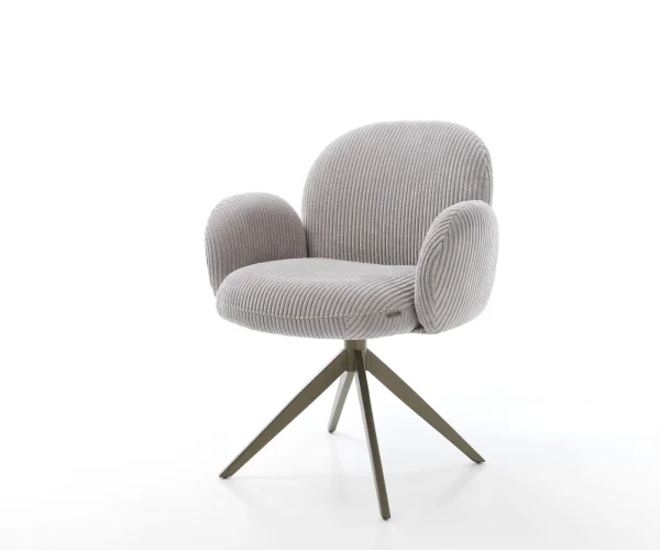 Chaise-pivotante Nube-Flex avec accoudoirs côtelé gris argenté pied croisé large aspect titane pivotement sur 360° fonction bascule ressorts ensachés