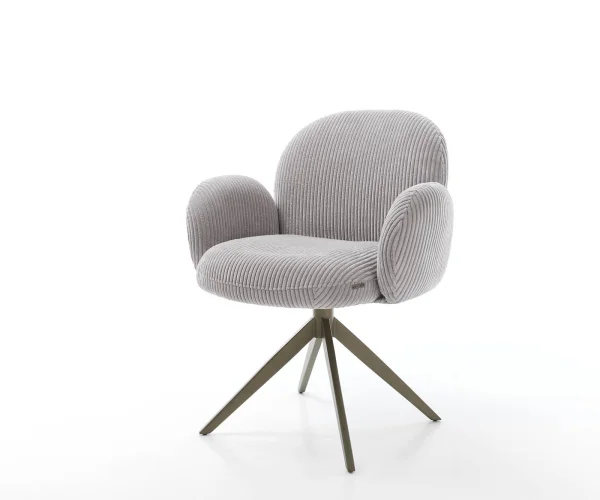 Chaise-pivotante Nube-Flex avec accoudoirs côtelé gris argenté pied croisé large aspect titane pivotement sur 360° ressorts ensachés