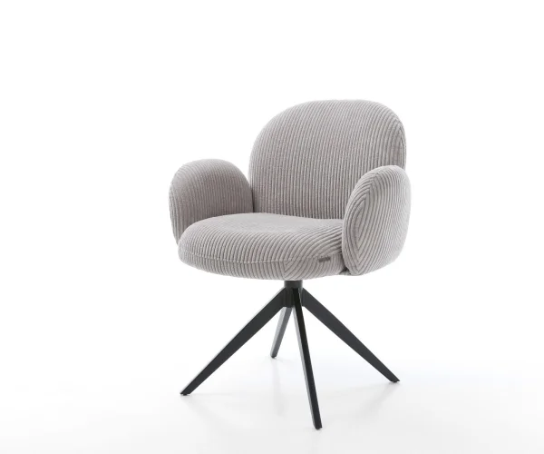 Chaise-pivotante Nube-Flex avec accoudoirs côtelé gris argenté pied croisé large noir pivotement sur 360° fonction bascule ressorts ensachés