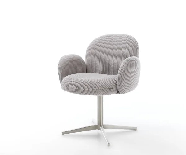 Chaise-pivotante Nube-Flex avec accoudoirs côtelé gris argenté pied de chaise 4 branches acier inoxydable brossé pivotement sur 360° ressorts ensachés