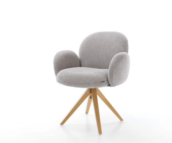 Chaise-pivotante Nube-Flex avec accoudoirs côtelé gris argenté pied en bois angulaire naturel ressorts ensachés pivote sur 180°