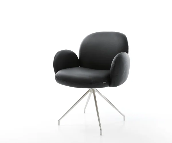 Chaise-pivotante Nube-Flex avec accoudoirs cuir de vache noir pied croisé conique acier inoxydable brossé pivotement sur 180° ressorts ensachés
