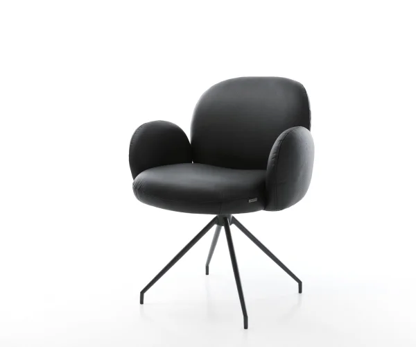 Chaise-pivotante Nube-Flex avec accoudoirs cuir de vache noir pied croisé conique noir ressorts ensachés pivote sur 180°