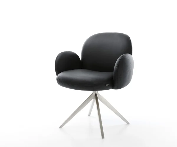 Chaise-pivotante Nube-Flex avec accoudoirs cuir de vache noir pied croisé large acier inoxydable brossé pivotement sur 360° fonction bascule ressorts ensachés
