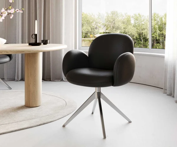 Chaise-pivotante Nube-Flex avec accoudoirs cuir de vache noir pied croisé large acier inoxydable brossé pivotement sur 360° ressorts ensachés