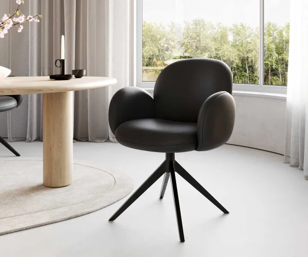 Chaise-pivotante Nube-Flex avec accoudoirs cuir de vache noir pied croisé large noir pivotement sur 360° ressorts ensachés