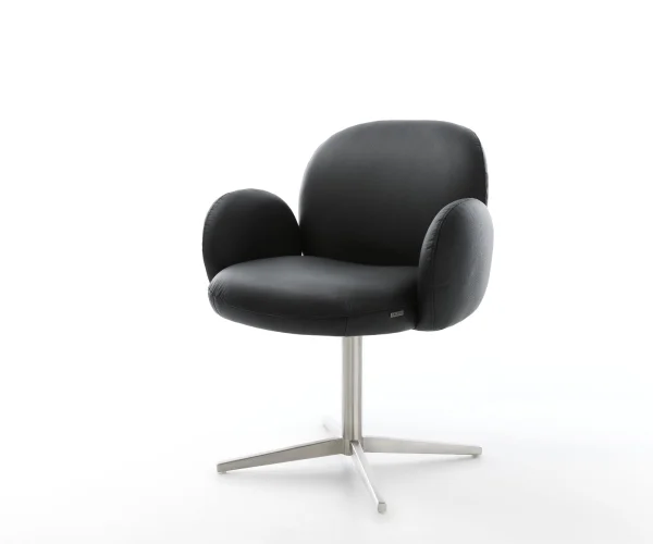 Chaise-pivotante Nube-Flex avec accoudoirs cuir de vache noir pied de chaise 4 branches acier inoxydable brossé pivotement sur 360° ressorts ensachés