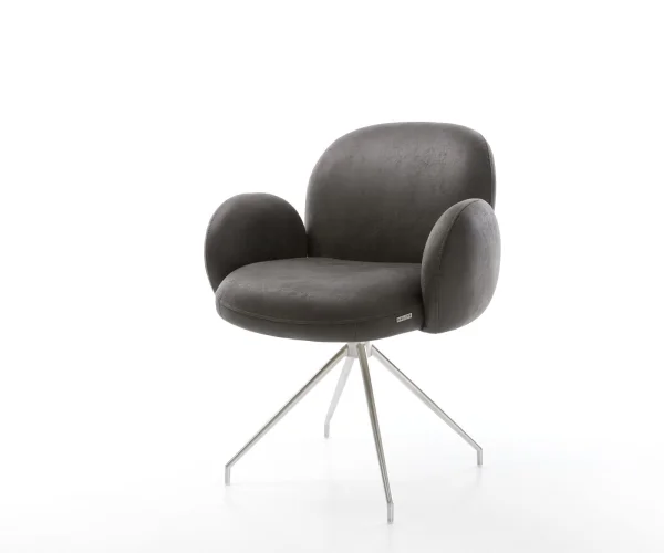 Chaise-pivotante Nube-Flex avec accoudoirs microvelours anthracite vintage pied croisé conique acier inoxydable brossé pivotement sur 180° ressorts ensachés