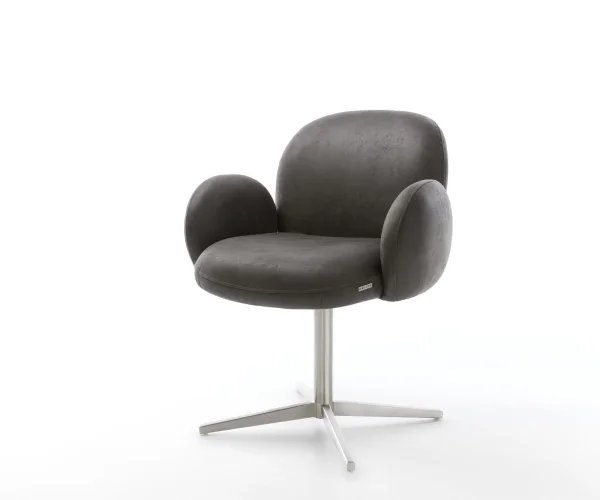 Chaise-pivotante Nube-Flex avec accoudoirs microvelours anthracite vintage pied de chaise 4 branches acier inoxydable brossé pivotement sur 360° ressorts ensachés