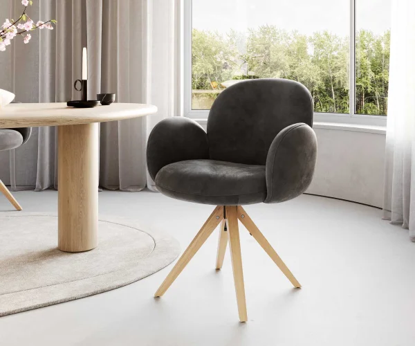Chaise-pivotante Nube-Flex avec accoudoirs microvelours anthracite vintage pied en bois angulaire naturel pivotement sur 180° ressorts ensachés