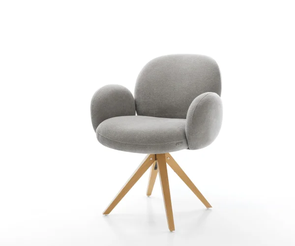 Chaise-pivotante Nube-Flex avec accoudoirs tissu structuré doux gris pied en bois angulaire naturel pivotement sur 180° resorts ensachés