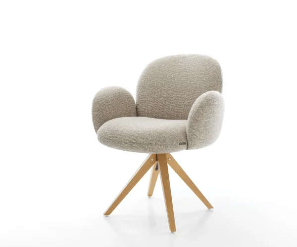 Chaise-pivotante Nube-Flex avec accoudoirs tissu tissé doux beige pied en bois angulaire naturel pivotement sur 180° resorts ensachés
