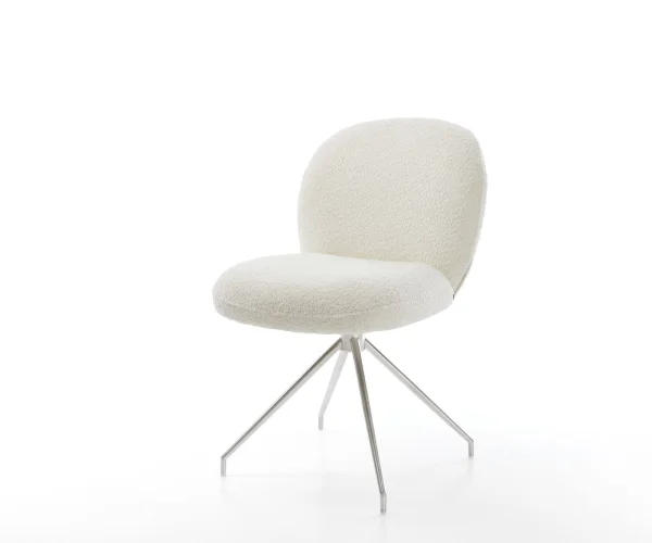 Chaise-pivotante Nube-Flex bouclé blanc pied croisé conique acier inoxydable ressorts ensachés pivote sur 180°