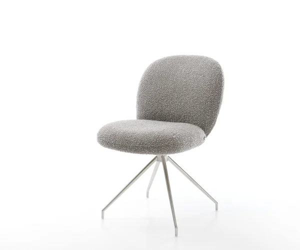 Chaise-pivotante Nube-Flex bouclé gris argenté pied croisé conique acier inoxydable brossé pivotement sur 180° ressorts ensachés