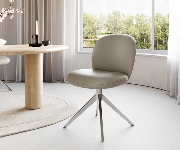 Chaise-pivotante Nube-Flex cuir de vache couleur boue pied croisé large acier inoxydable brossé pivotement sur 360° ressorts ensachés