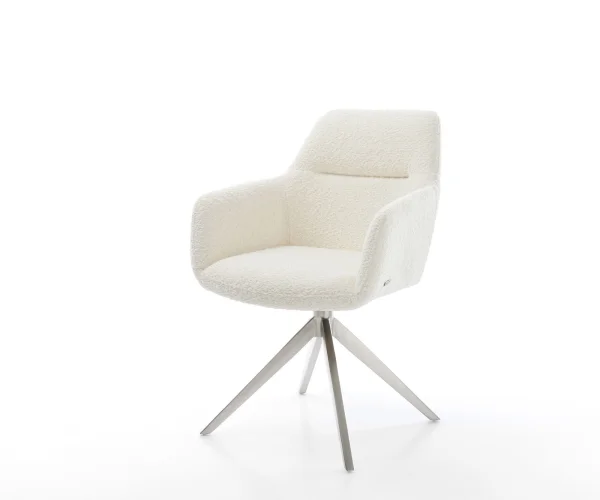 Chaise-pivotante Pejo-Flex bouclé blanc pied croisé large acier inoxydable brossé pivotement sur 360° fonction bascule ressorts ensachés