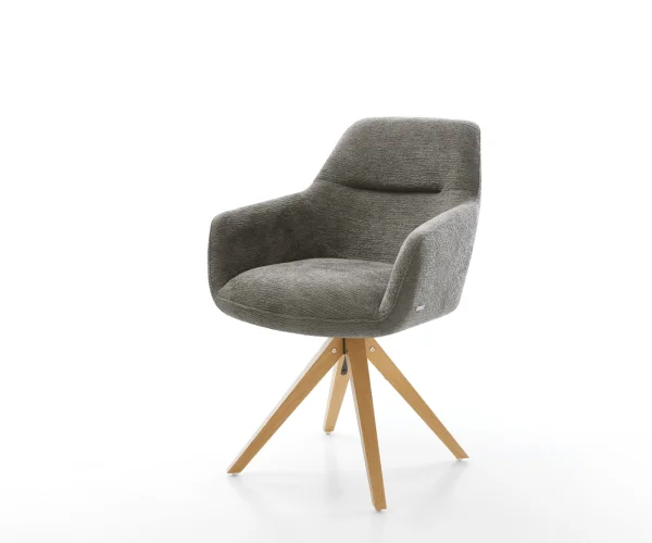 Chaise-pivotante Pejo-Flex bouclé doux couleur boue pied en bois angulaire naturel pivotement sur 180° resorts ensachés