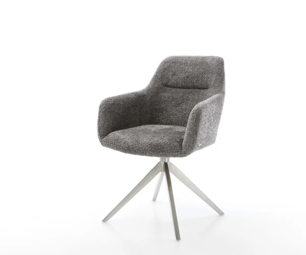 Chaise-pivotante Pejo-Flex bouclé gris pied croisé large acier inoxydable brossé pivotement sur 360° fonction bascule ressorts ensachés