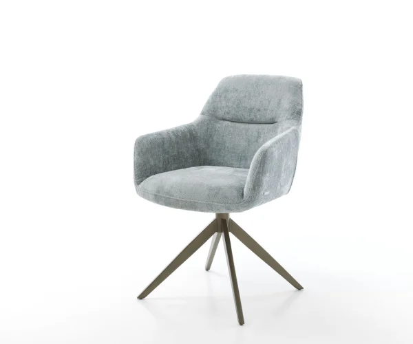 Chaise-pivotante Pejo-Flex chenille bleu pastel pied croisé large aspect titane pivotement sur 360° ressorts ensachés