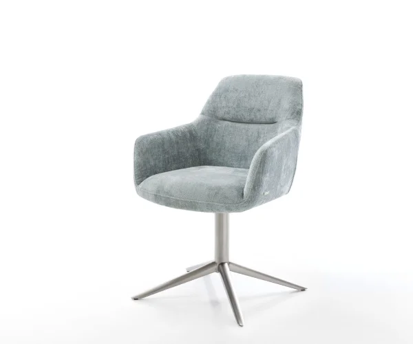 Chaise-pivotante Pejo-Flex chenille bleu pastel pied de chaise 4 branches acier inoxydable brossé pivotement sur 360° fonction bascule ressorts ensachés