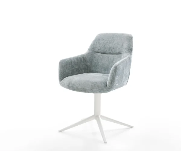 Chaise-pivotante Pejo-Flex chenille bleu pastel pied de chaise 4 branches blanc pivotement sur 360° fonction bascule ressorts ensachés