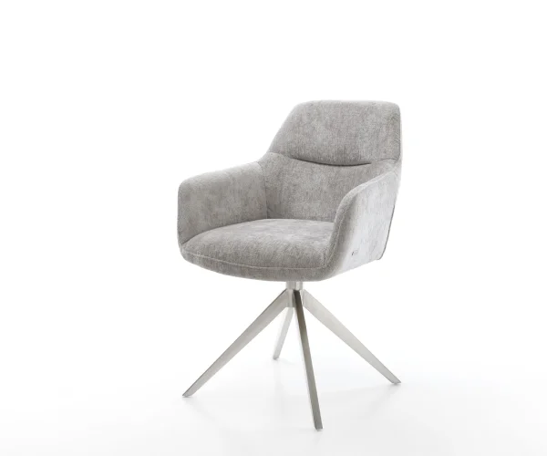 Chaise-pivotante Pejo-Flex chenille gris argenté pied croisé large acier inoxydable brossé pivotement sur 360° fonction bascule ressorts ensachés