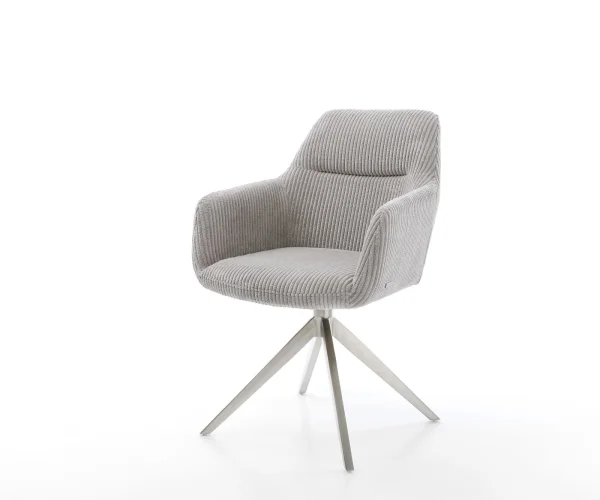 Chaise-pivotante Pejo-Flex côtelé gris argenté pied croisé large acier inoxydable brossé pivotement sur 360° fonction bascule ressorts ensachés