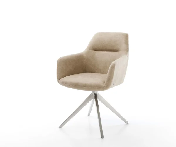 Chaise-pivotante Pejo-Flex microvelours beige vintage pied croisé large acier inoxydable brossé pivotement sur 360° fonction bascule ressorts ensachés