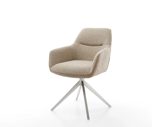 Chaise-pivotante Pejo-Flex tissu mixte couleur boue pied croisé large acier inoxydable brossé pivotement sur 360° ressorts ensachés