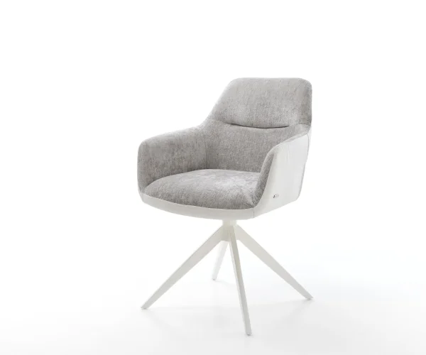 Chaise-pivotante Pejo-Flex tissu mixte cuir de vache blanc-gris argenté pied croisé large blanc pivotement sur 360° fonction bascule ressorts ensachés