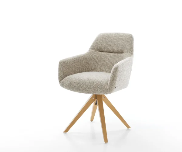 Chaise-pivotante Pejo-Flex tissu tissé doux beige pied en bois angulaire naturel pivotement sur 180° resorts ensachés