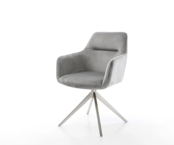 Chaise-pivotante Pejo-Flex velours gris pied croisé large acier inoxydable brossé pivotement sur 360° fonction bascule ressorts ensachés