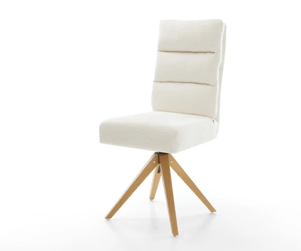 Chaise-pivotante Pela-Flex bouclé doux beige pied en bois angulaire naturel pivotement sur 180° resorts ensachés