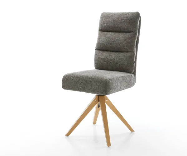 Chaise-pivotante Pela-Flex bouclé doux couleur boue pied en bois angulaire naturel pivotement sur 180° resorts ensachés