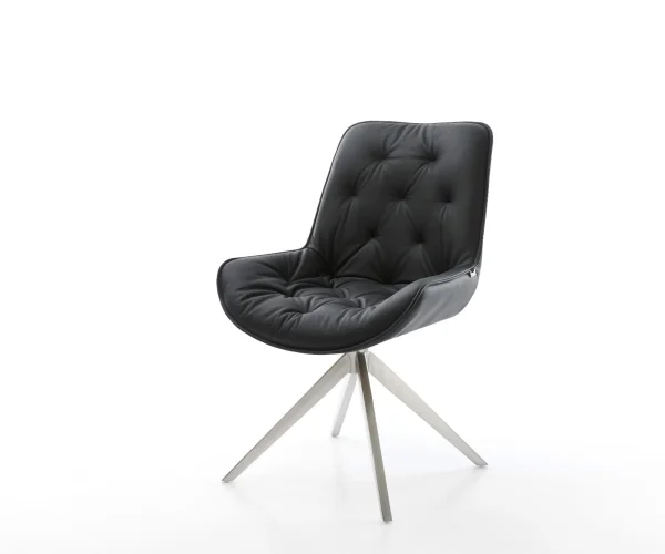 Chaise-pivotante Taimi-Flex cuir de vache noir pied croisé large acier inoxydable brossé pivotement sur 360° fonction bascule